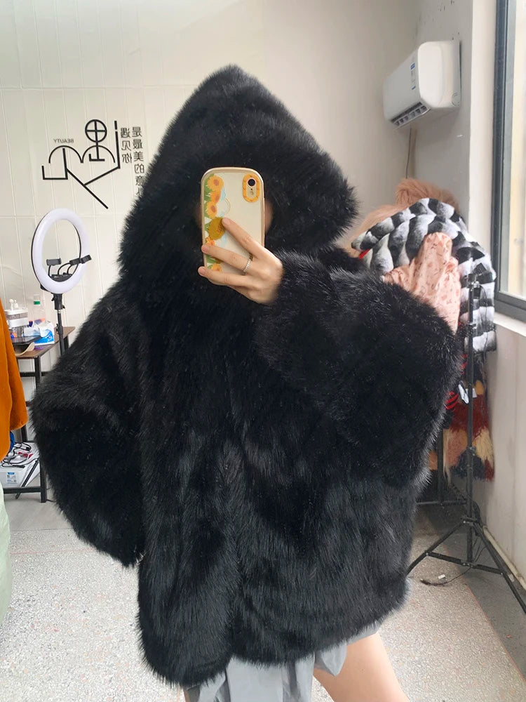 Nerazzurri – Manteau Fausse Fourrure Femme À Capuche, Oversize Chaud & Moelleux, Hiver Casual