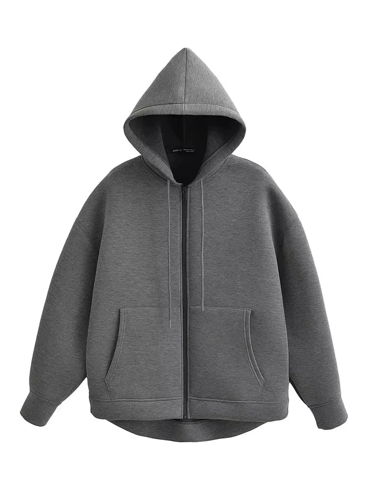 Veste à Capuche Zippée Oversize Femme – Poches Doubles, Style Streetwear