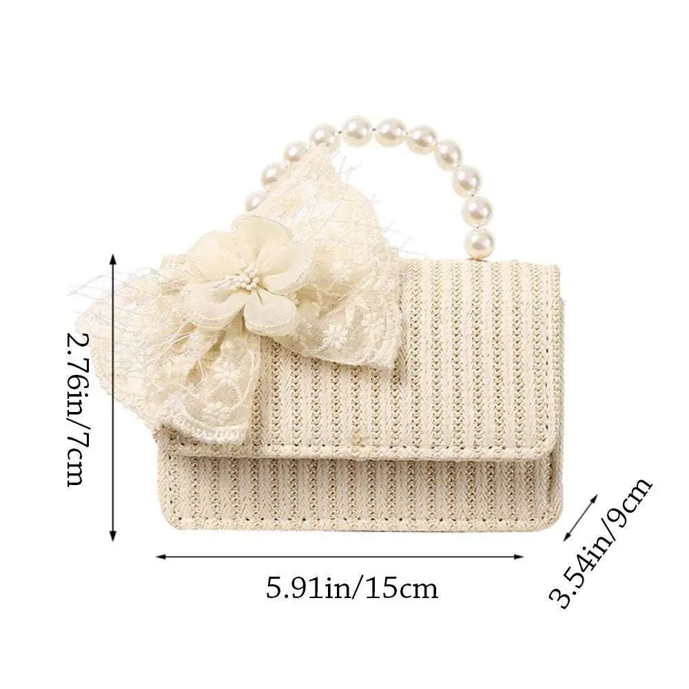 Summer Simple Straw Bag Pearl Bowknot Messenger Bag Fashion Holiday Crossbody Bag Women