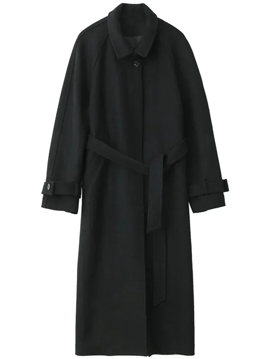 Long Manteau Trench en Laine Femme – Col Montant, Ceinture Lacets, Manches Raglan