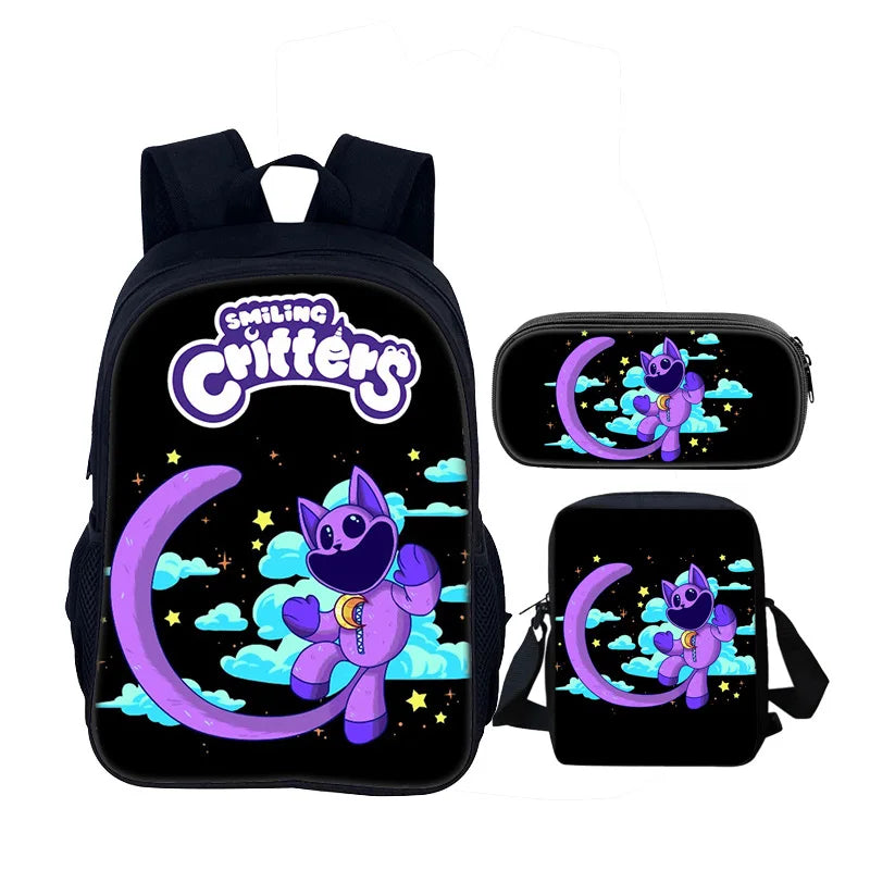 3pcs Set Smiling Critters School Bag 40cm/15.7inch Backpack Shoulder Bag Pencil Case Computer Book Bags for Boys Girls Best Gift
