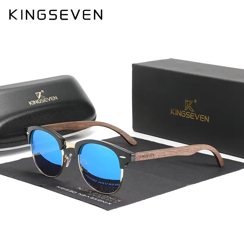 Lunettes de Soleil KINGSEVEN Bois Noyer Rondes Polarisées UV400 – Homme & Femme
