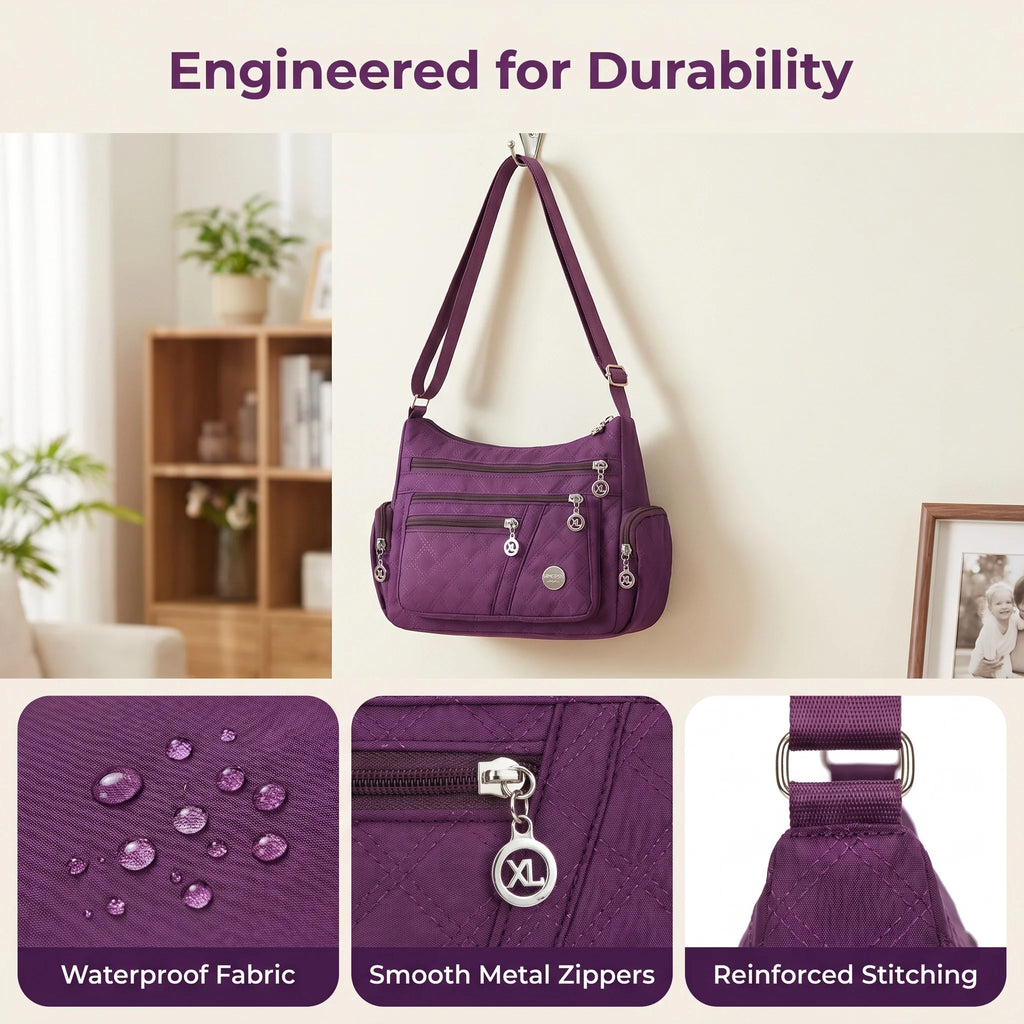 Sac Bandoulière Femme Pomelo Best – Nylon Matelassé Imperméable, Multi-Poches, Bretelle Réglable, 3 Coloris