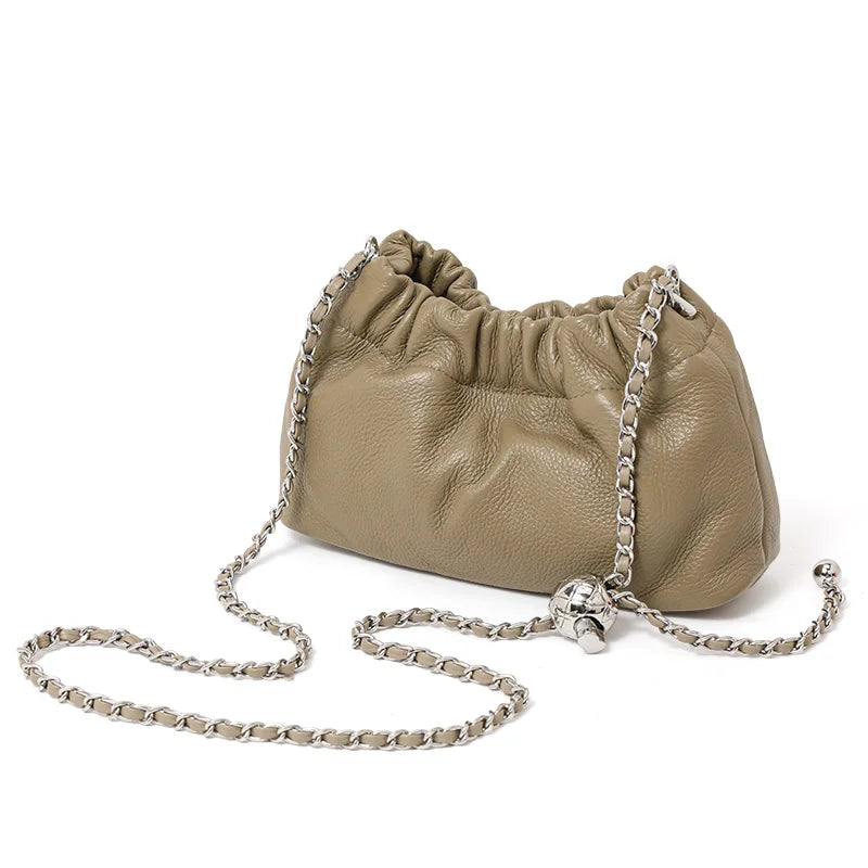 Lightweight Litchi Texture Genuine Cow Leather Cloud Bag Women Drawstring Ruched Design Metal Chain Crossbody Mini Purse