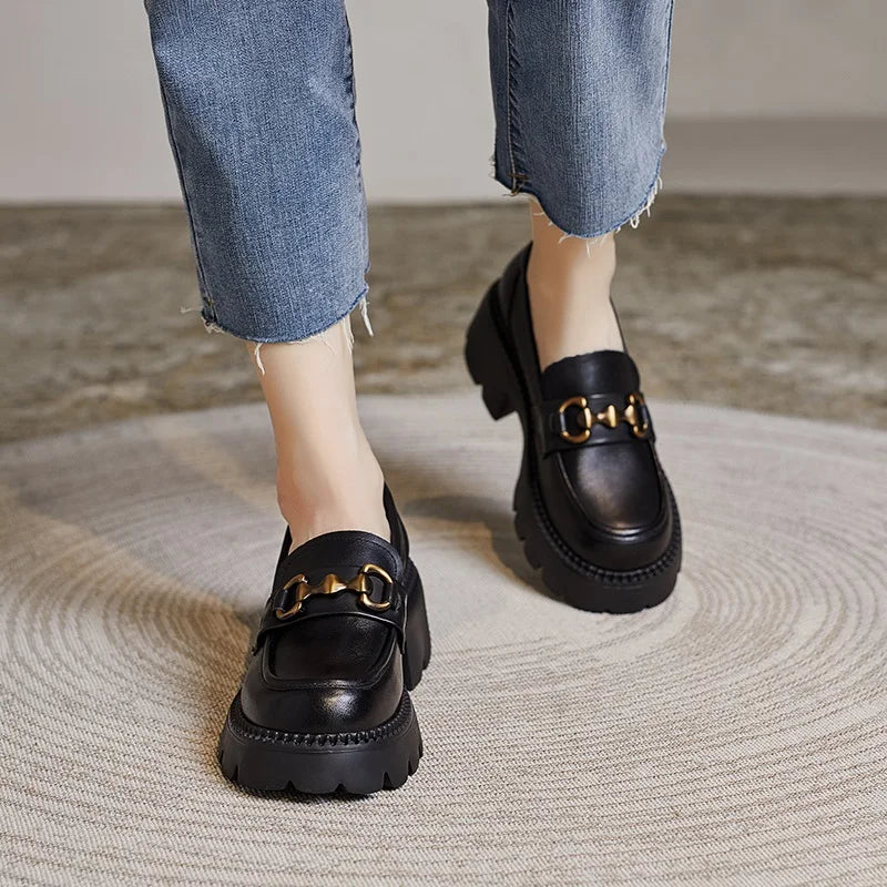 Escarpins Mocassins Femme Talon Carré Épais – Cuir Véritable, Bout Rond, Printemps/Automne