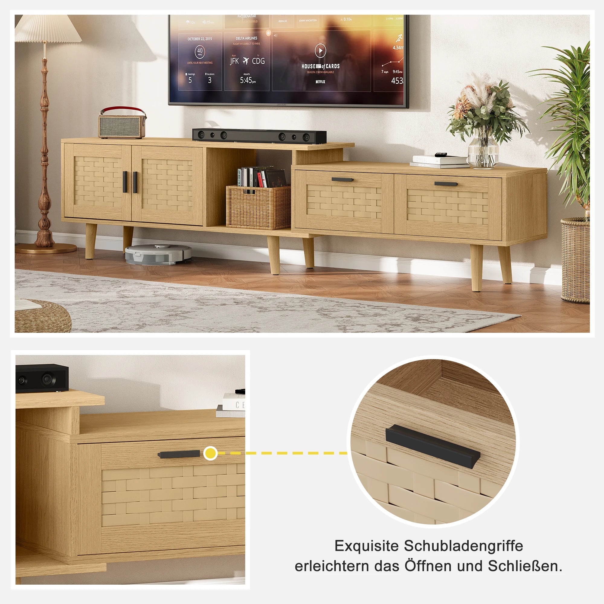 Meuble TV Extensible 146-180 cm – 2 Tiroirs & Portes Rotin | Bois Massif Salon