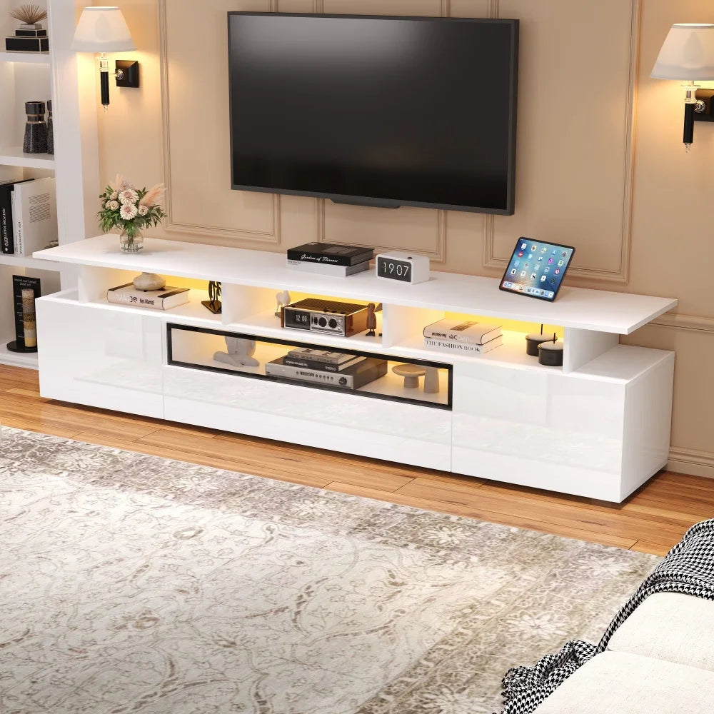 Meuble TV Haute Brillance 180x38x45 cm – LED App | 2 Armoires + 1 Tiroir | Acrylique | TV 75"