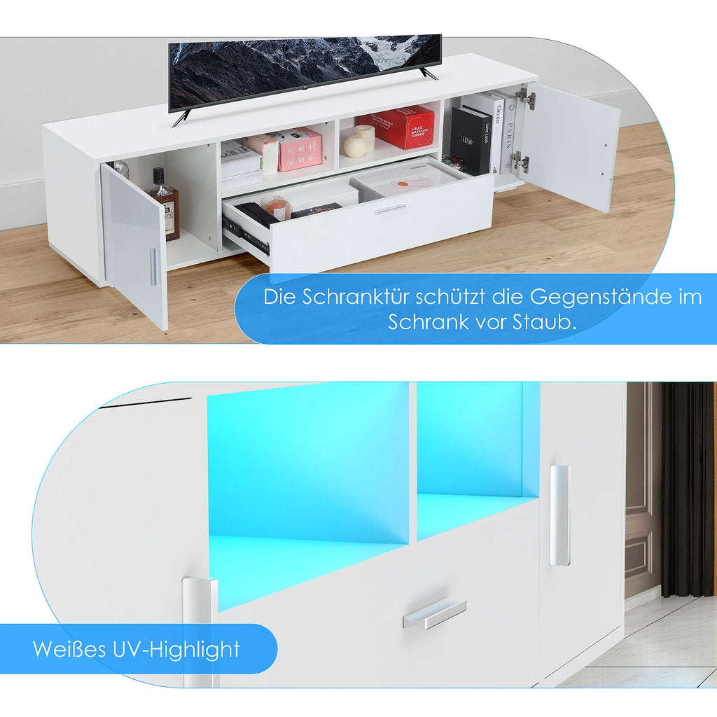 Meuble TV LED RGB 160 cm Style Scandinave – 16 Couleurs | 2 Portes | 1 Tiroir | Étagères Verre | TV 70"