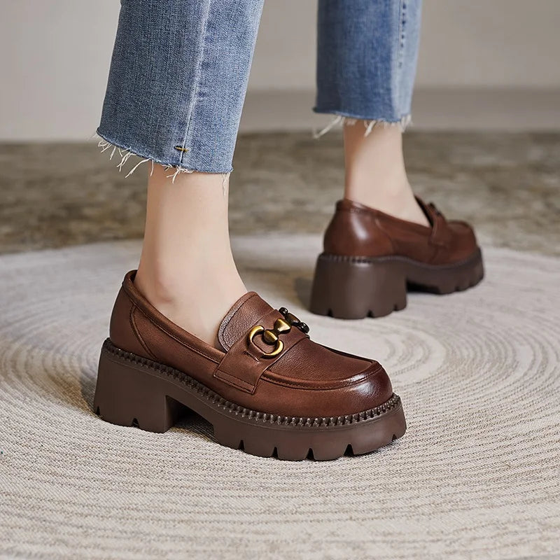 Escarpins Mocassins Femme Talon Carré Épais – Cuir Véritable, Bout Rond, Printemps/Automne