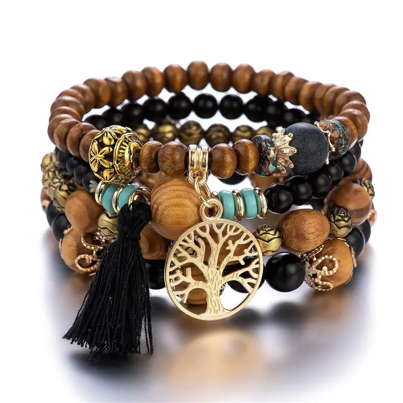 Set Bracelets Femme Bohème Arbre de Vie – Perles Bois & Glands