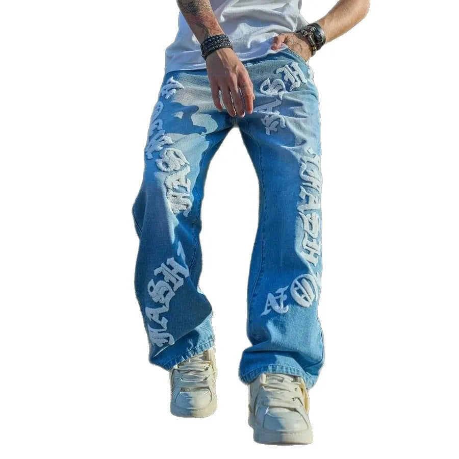 Jean Droit Loose Homme Casual Tendance Denim Stretch Gris & Bleu Washed | XS-XXL