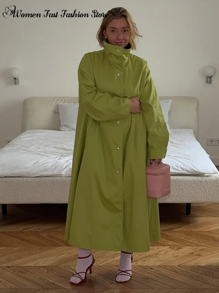 High Street Stand Collar Long Windbreakers 2026 Autumn New Ladies Solid Single-breasted Full Sleeve Trench Coat Women's Outwear