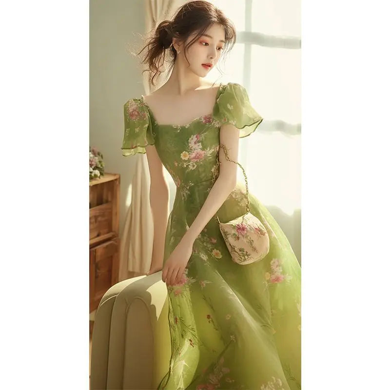Robe Longue Chiffon Imprimé Floral Femme – Style Français Féerique, Vacances Été
