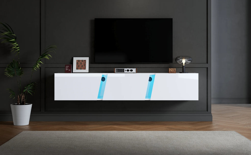 Meuble TV Mural 180x35x30 cm Blanc Haute Brillance – LED App | 3 Portes Soft-Close | Acrylique | TV 75"