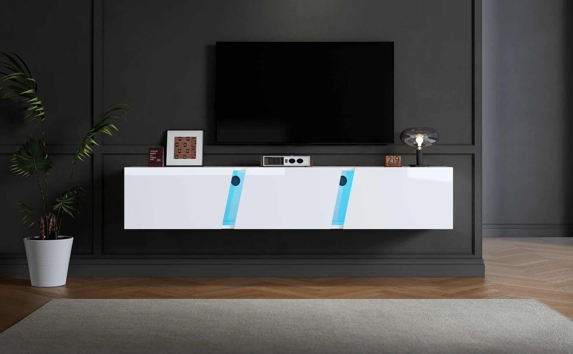 Meuble TV Mural 180x35x30 cm Blanc Haute Brillance – LED App | 3 Portes Soft-Close | Acrylique | TV 75"