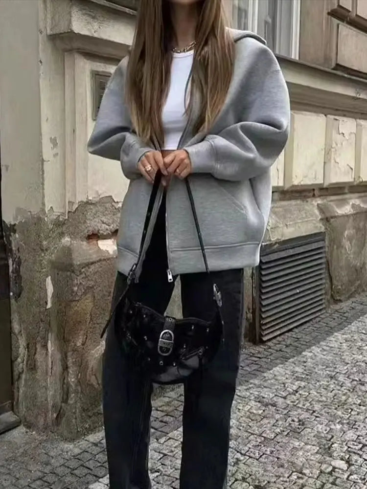 Veste à Capuche Zippée Oversize Femme – Poches Doubles, Style Streetwear