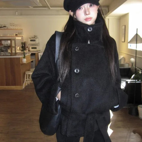 Manteau Femme Col Montant Style Rétro Japonais – Veste Laine Longue Ceinturée