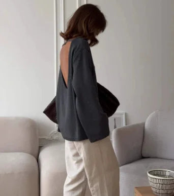 Pull Femme Coton Tricoté Dos Nu – Col Rond Loose Chaud Automne Hiver