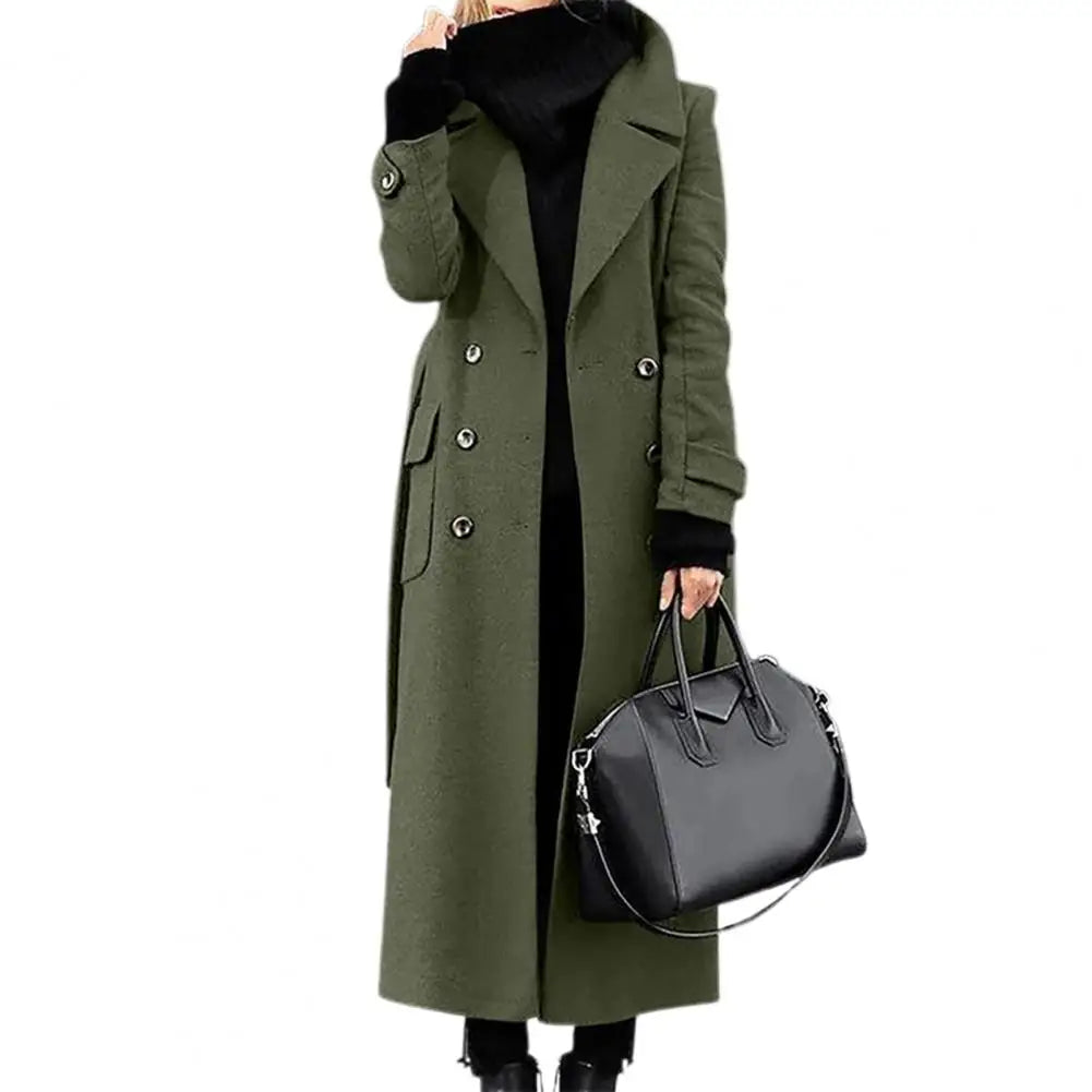 Manteau Long Femme Double Boutonnage – Col Rabattu, Coupe Slim, Poches