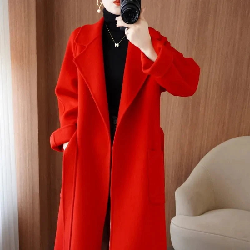 LANMREM Popular 2025 High End Water Ripple Double-sided Wool Coat Women Long Bathrobe Style Autumn Winter Coat For Female 2A462