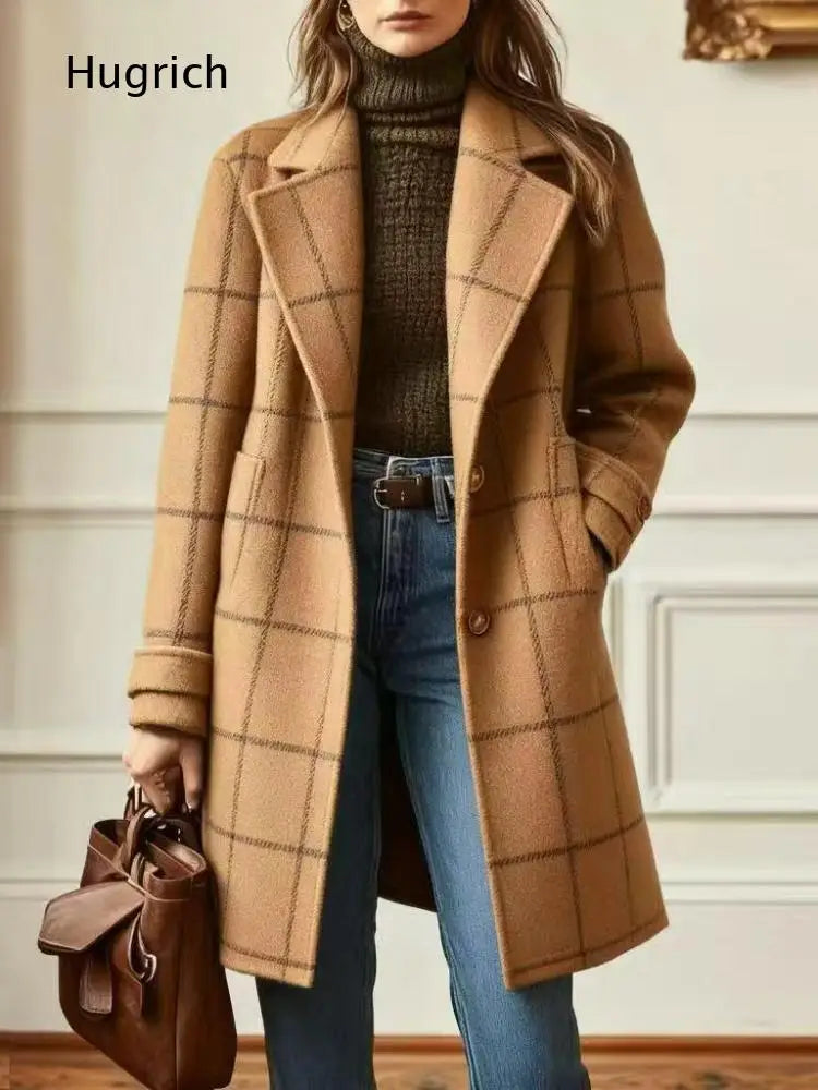 Manteau Mi-Long Femme À Carreaux – Mélange Laine, Coupe Ample, Poches | Hiver