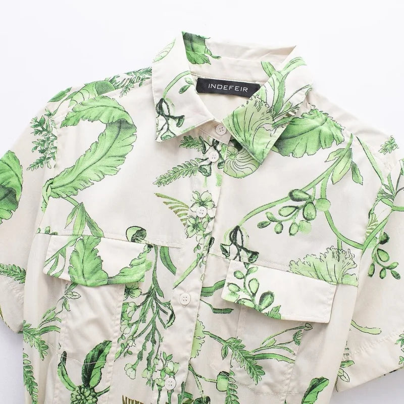 Robe Florale Verte Femme – Manches Courtes & Ceinture Nouée | Style Casual Été 2026
