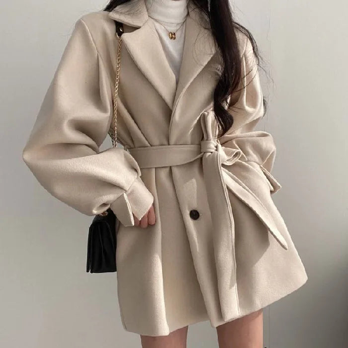Manteau en Laine Femme – Veste Chic Manches Ballon, Col Tailleur & Laçage Vintage