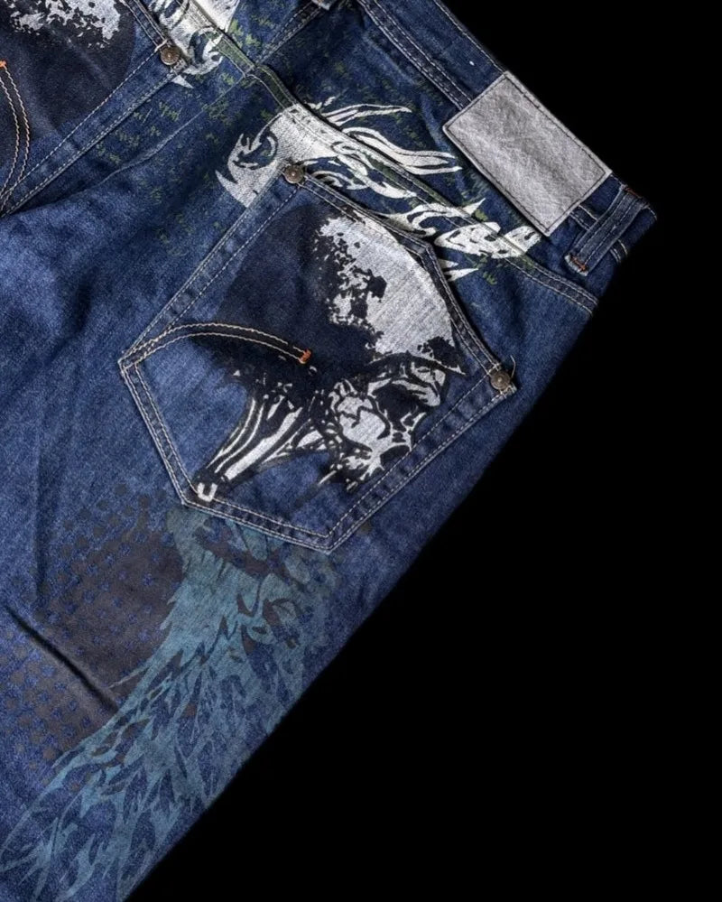 Jean Y2K Baggy Homme Imprimé Blue Washed Hip Hop Rock Wide Leg | Multi-Coloris M-XXL