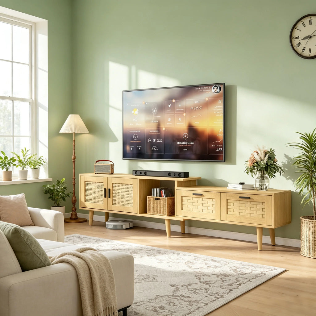 Meuble TV Extensible 146-180 cm – 2 Tiroirs & Portes Rotin | Bois Massif Salon
