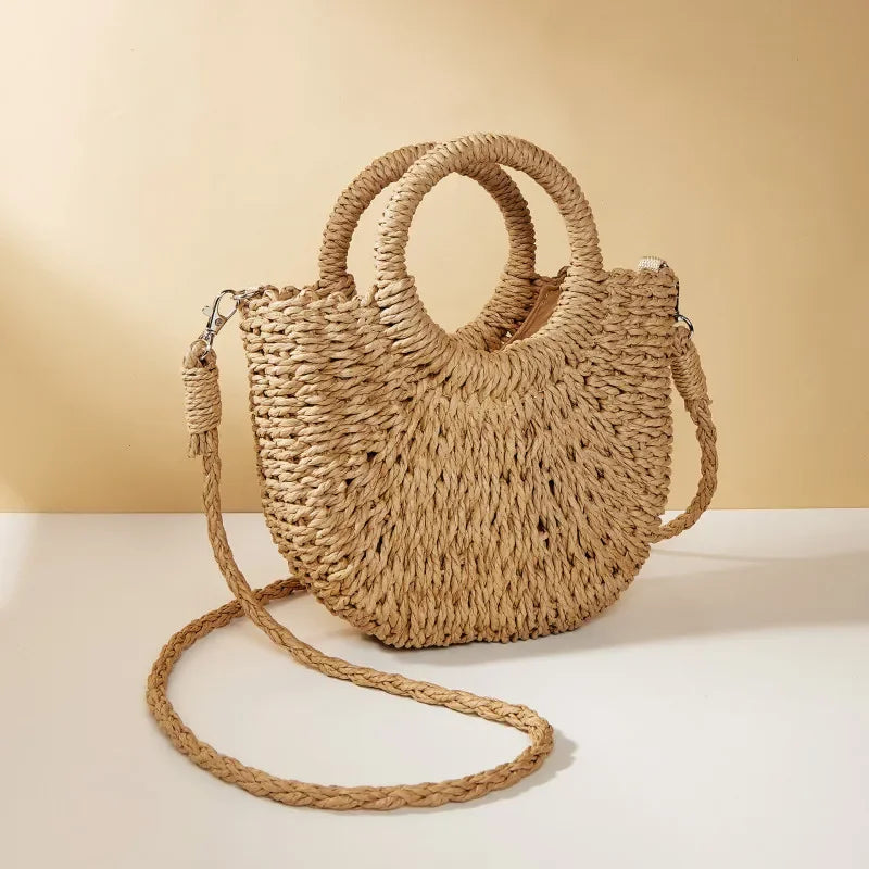 Sac de Plage en Paille Tressée Demi-Lune – Grande Capacité, Bandoulière & Épaule