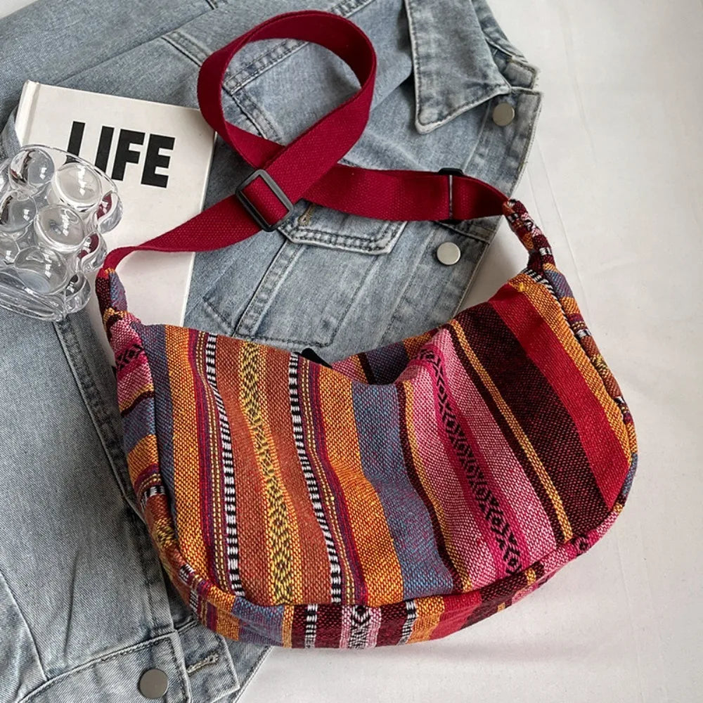 Fashion Tribal Style Shoulder Bag Striped Pattern Large Capacity Crossbody Bag Canvas Zipper Closure Messenger bag Ladies