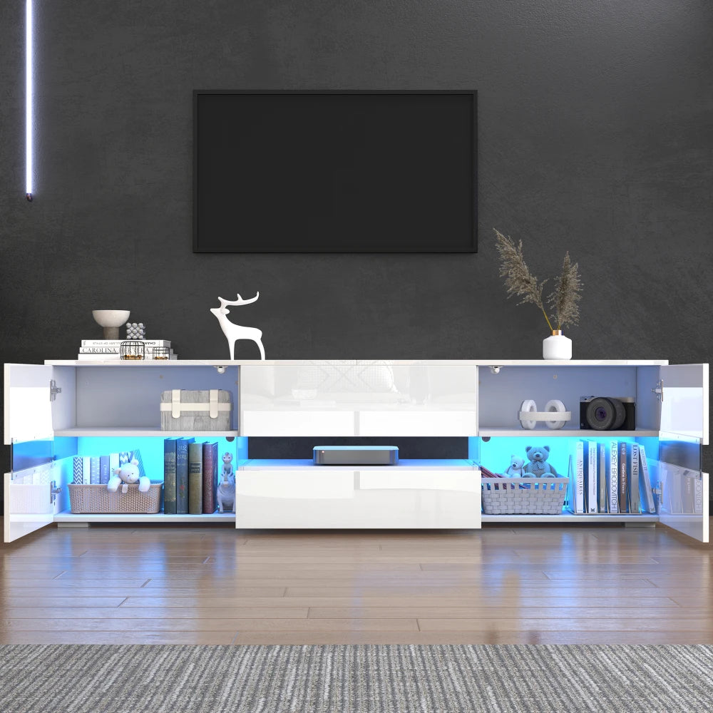 Armoire TV Haute Brillance 160x39x45 cm – LED | 2 Portes Acrylique | 1 Tiroir | TV 70" | Blanc ou Noir