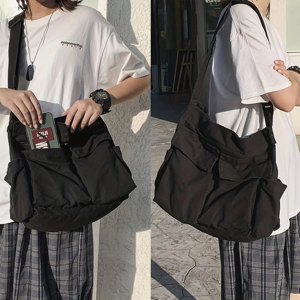 Sac Bandoulière Toile Grande Capacité – Style Rétro Preppy, Mixte, Sac Messenger Étudiant