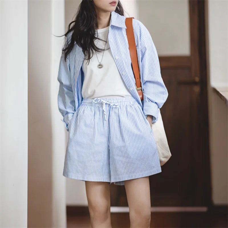 Ensemble Chemise & Short Rayé Bleu Blanc – Tailleur Décontracté Casual Été Femme