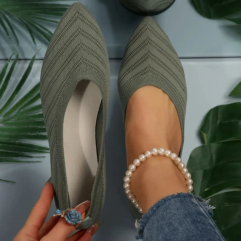 Flache Schuhe mit spitzer Zehe für Damen – Atmungsaktives Gestrick, Slip-On, lässiger Ballerina-Stil