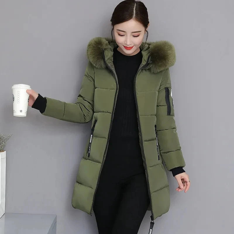 2026 Winter New Korean Cotton Jacket Women's Medium Long Big fur collar Coat Female Cotton Thicken Warm Hooded Parker Overcoat