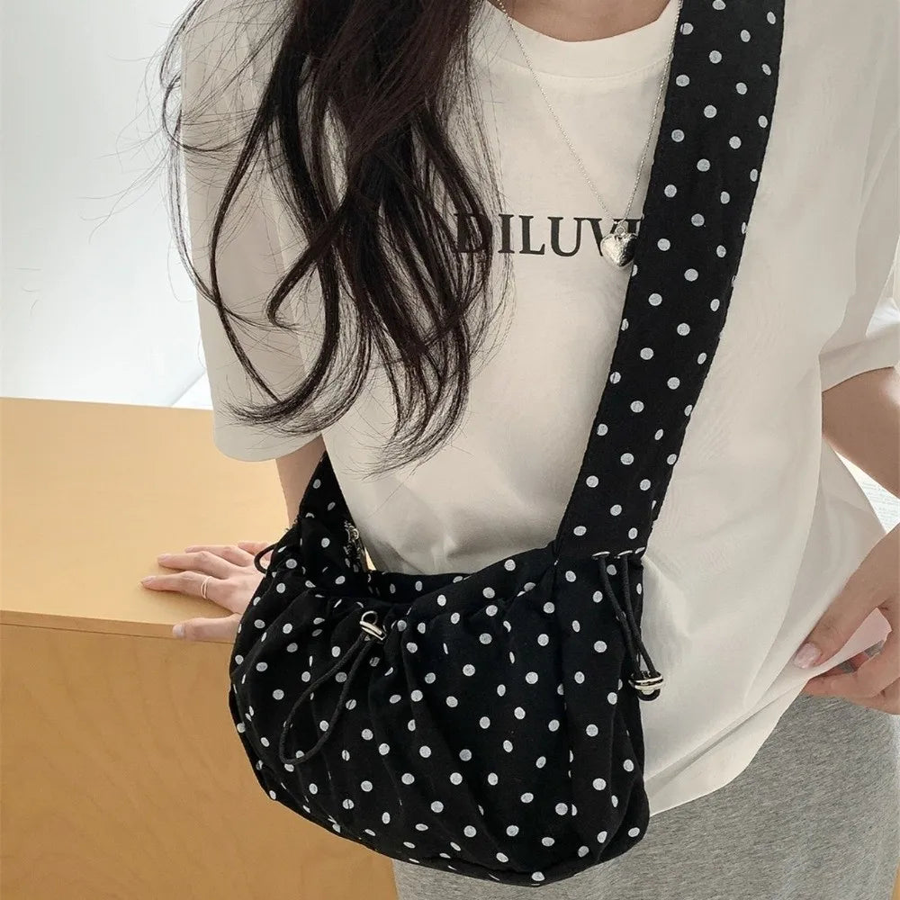 Versatile Polka Dot Underarm Bag Korean Style Large Capacity Drawstring Shoulder Bag Lightweight Clutch Purse