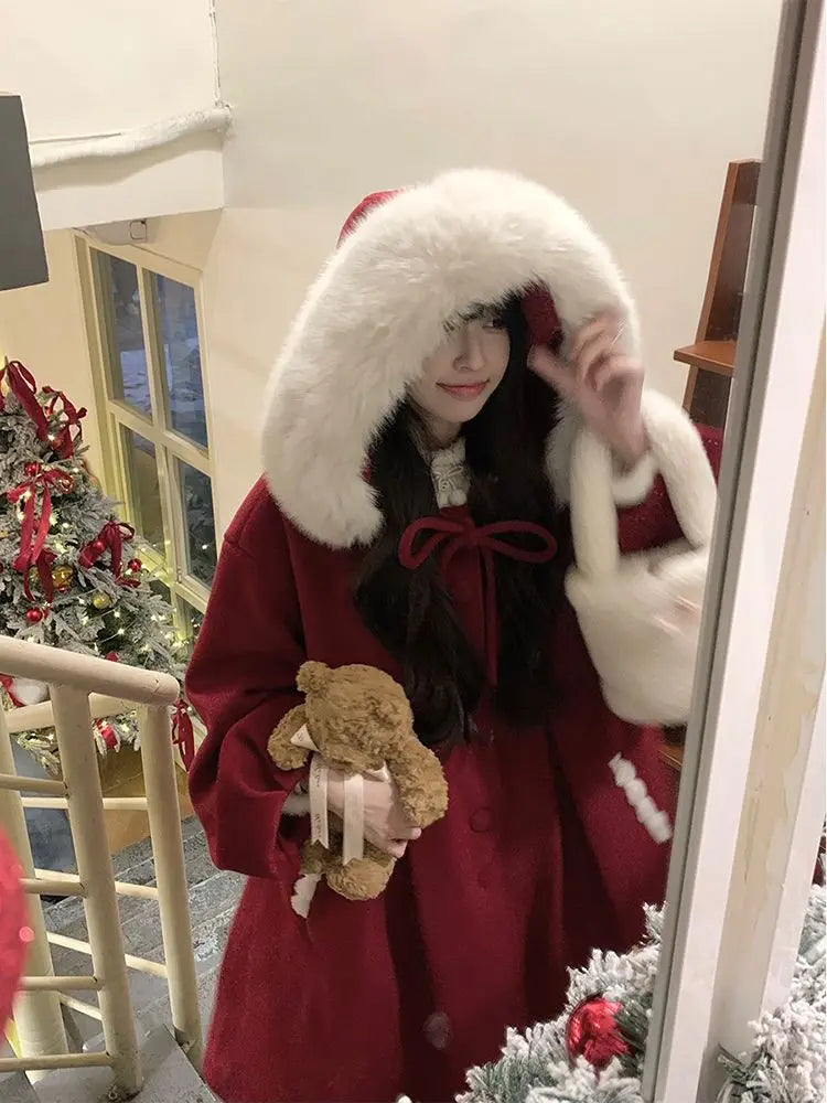 Manteau en laine à capuche épais avec grand col – Édition hiver