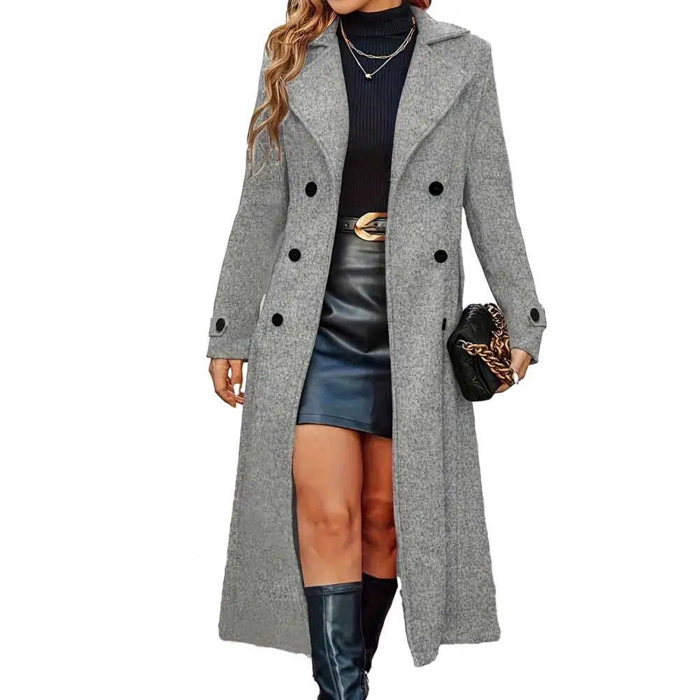 Manteau Long en Laine Femme – Double Boutonnage à Col Cranté, Coupe Cintrée Hiver