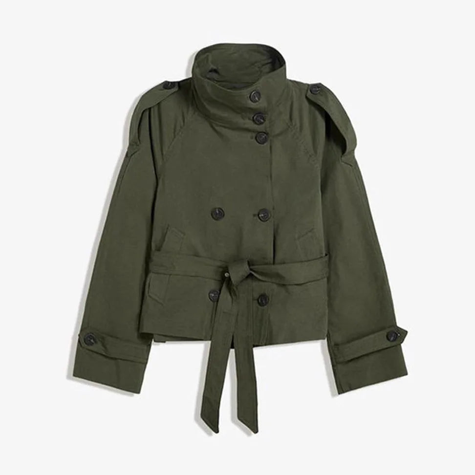 New Women's Solid Color Trench Coat Stand Collar Double Breasted Waist Tie Elegant Commuter Casual Loose Comfortable Warm Outfit