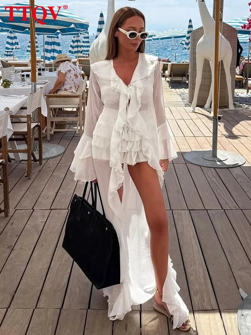 TTQV  Sexy Loose White Women's 3 Pieces Set 2025 Fashion Long Sleeve Robes + Bra With High Waist Pleated Mini Skirt Set Female