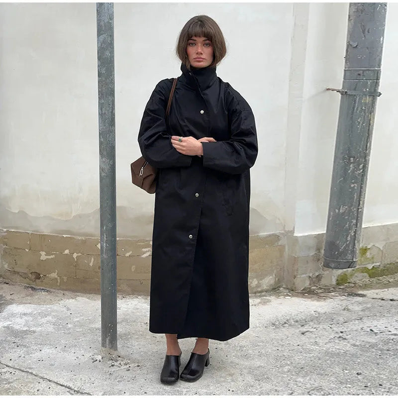 Button Front Women's Coat Stand Collar Long Trench Coat Solid Loose Trench Coat Daily Fashion Commuter Wear 2026 Collection