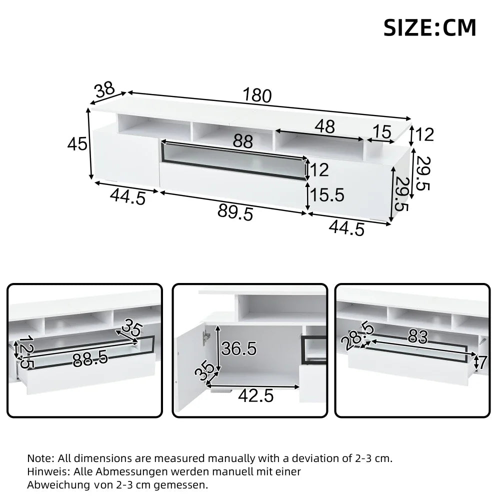 Meuble TV Haute Brillance 180x38x45 cm – LED App | 2 Armoires + 1 Tiroir | Acrylique | TV 75"