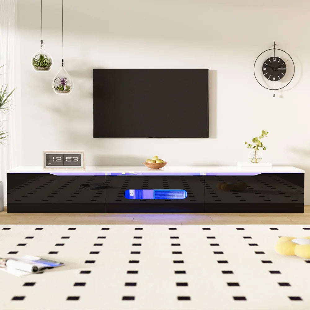 Meuble TV Haute Brillance 180x35x30 cm – LED 16 Couleurs USB | Mural ou Sol | Noir & Blanc | 60 kg