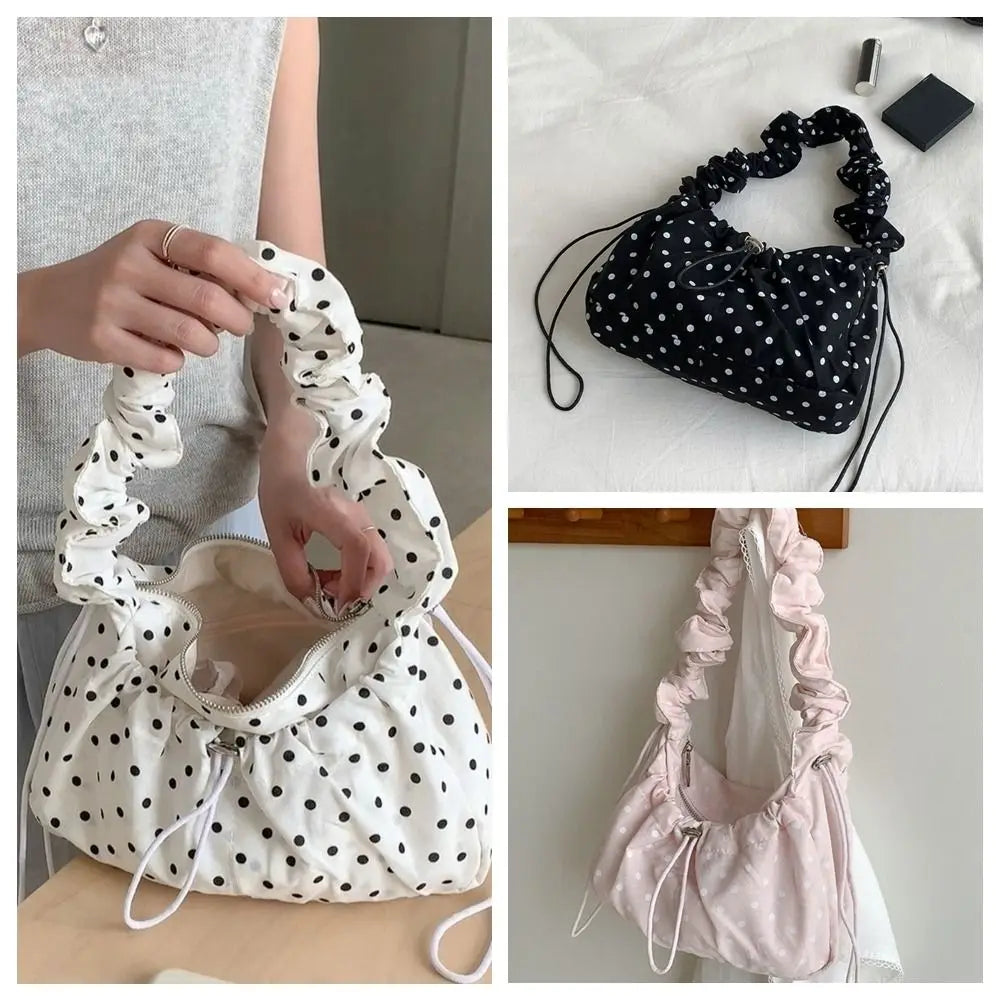 Versatile Polka Dot Underarm Bag Korean Style Large Capacity Drawstring Shoulder Bag Lightweight Clutch Purse