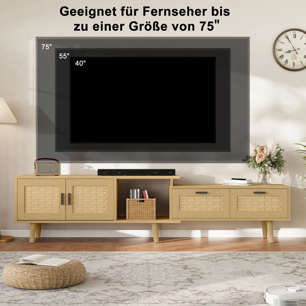 Meuble TV Extensible 146-180 cm – 2 Tiroirs & Portes Rotin | Bois Massif Salon