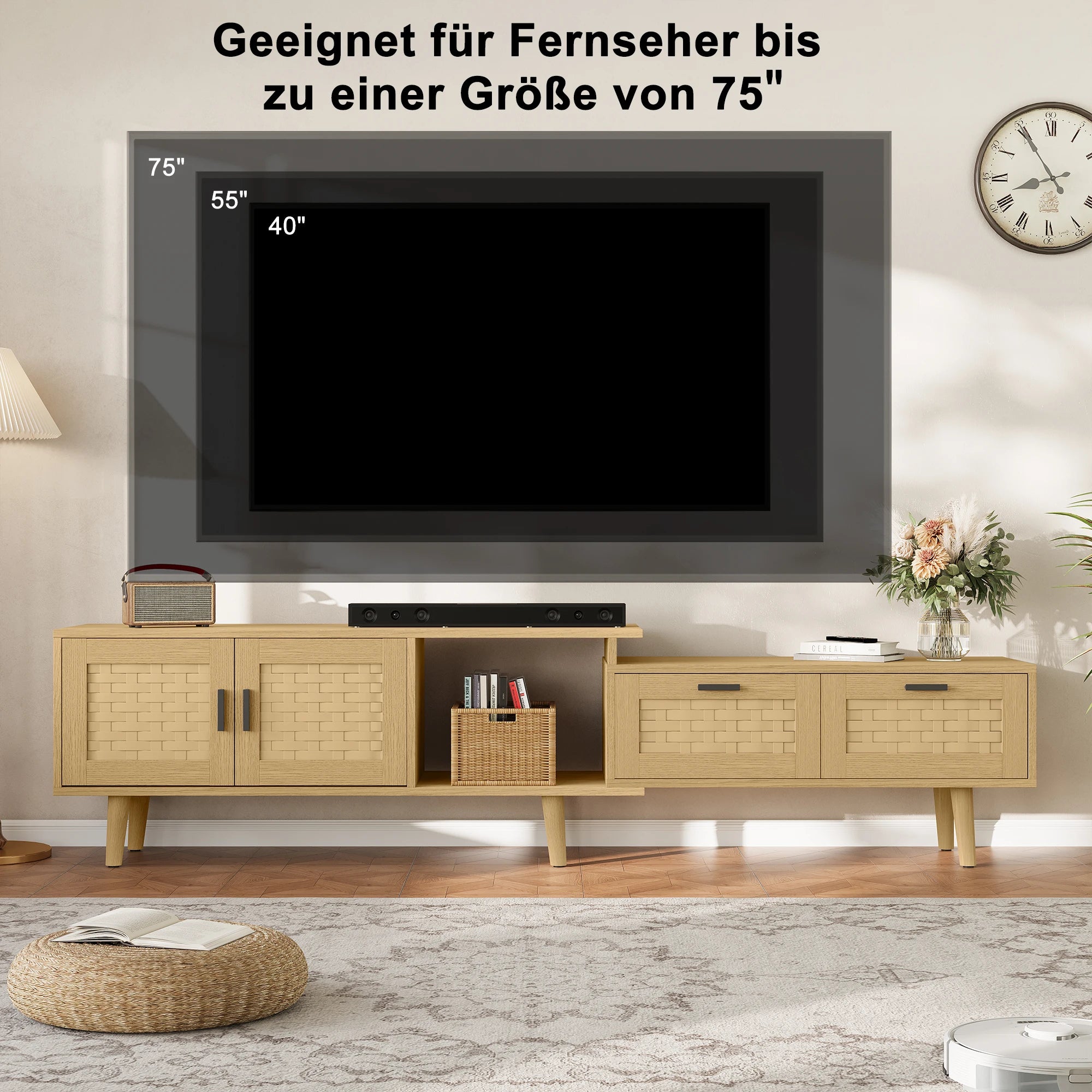 Meuble TV Extensible 146-180 cm – 2 Tiroirs & Portes Rotin | Bois Massif Salon