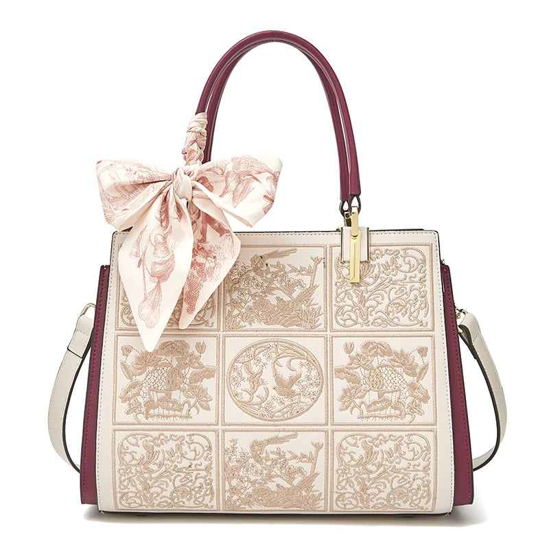 FOXER Split Leather 2026 New Large Tote Handbag Women's Shoulder Bag Chinese Classic Embroidery Best Gift for Mom