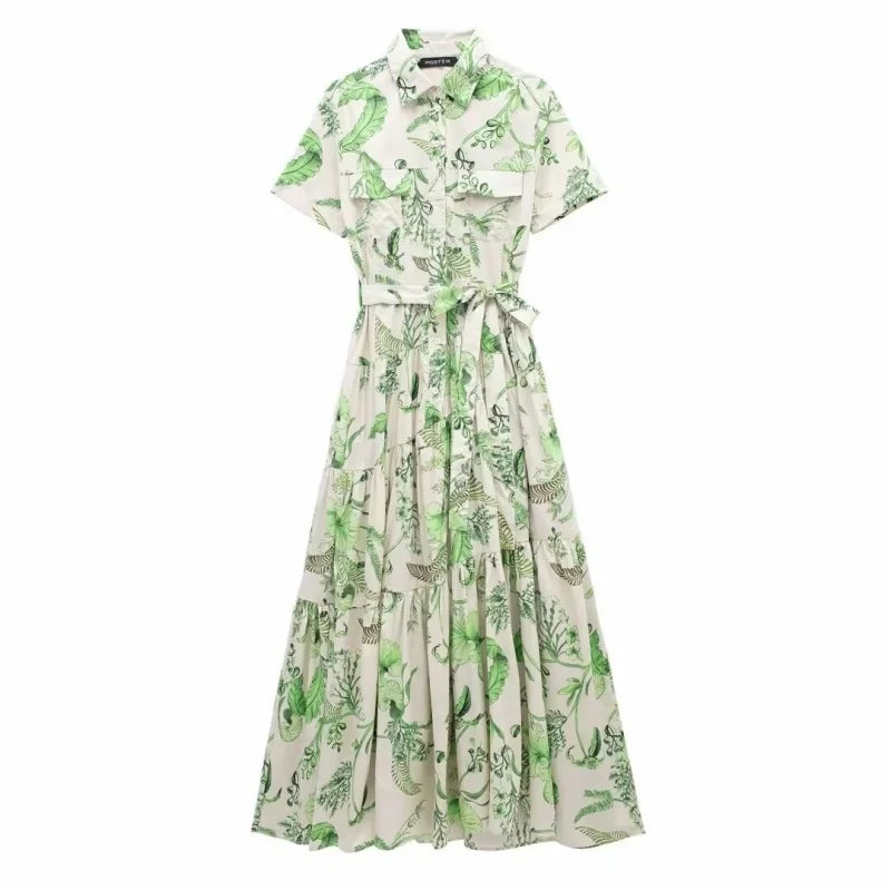 Robe Florale Verte Femme – Manches Courtes & Ceinture Nouée | Style Casual Été 2026