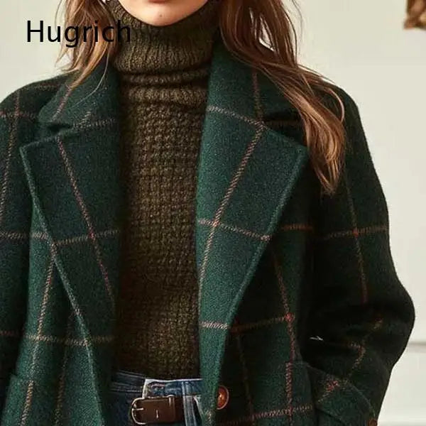Manteau Mi-Long Femme À Carreaux – Mélange Laine, Coupe Ample, Poches | Hiver